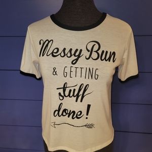 Rue 21 adorable easy to wear  t-shirt soft fabric fun Messy Bun